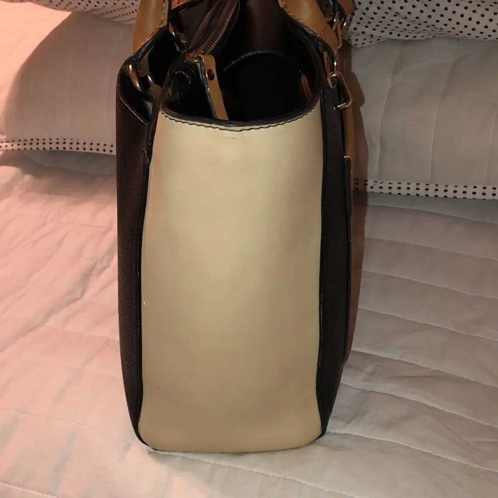 nanette lepore Darryl Color Block Black Camel Ivory Faux Leather Satchel